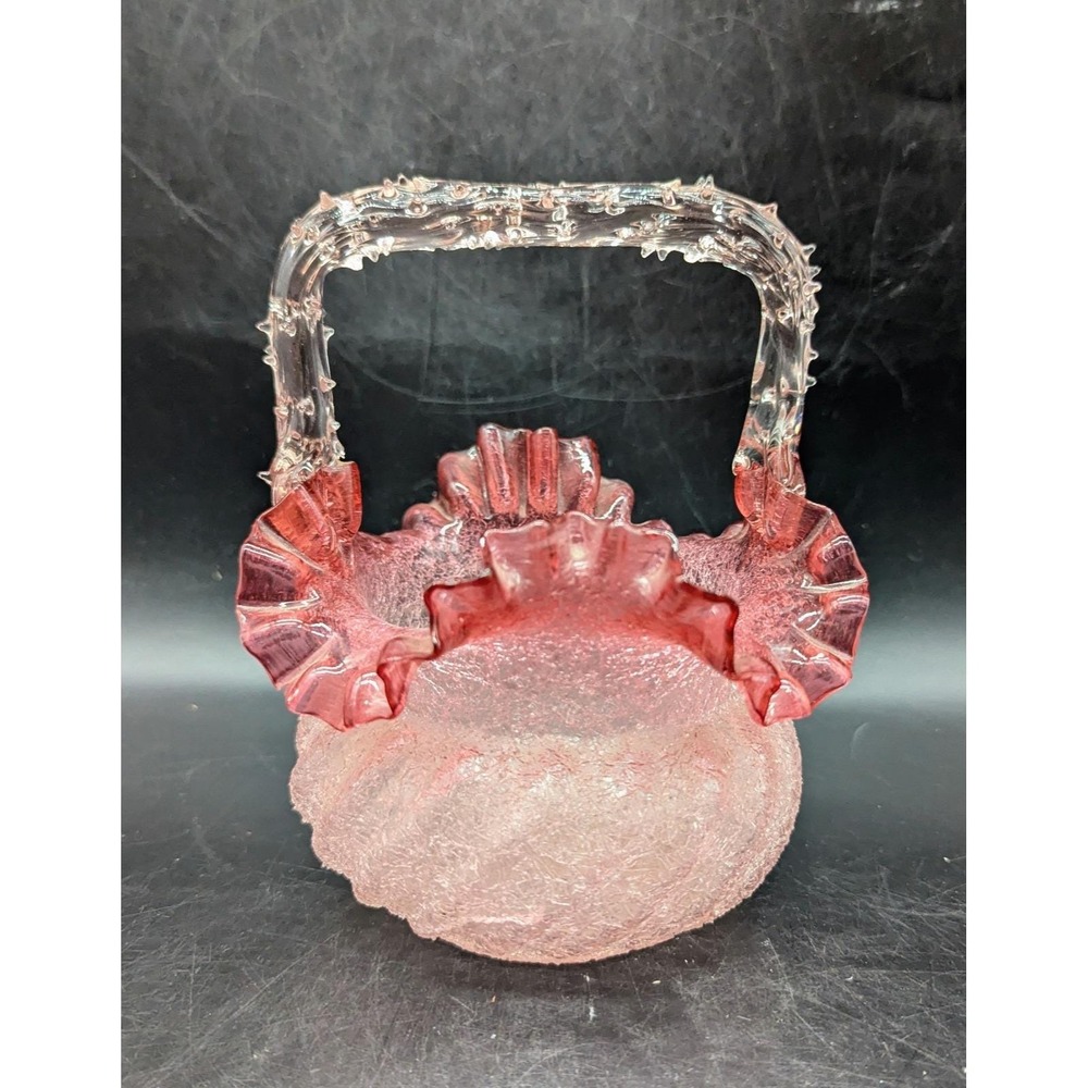 Antique Franz Welz Art Glass Spiked Thorn Handle Basket Clear Frit 6.75"
